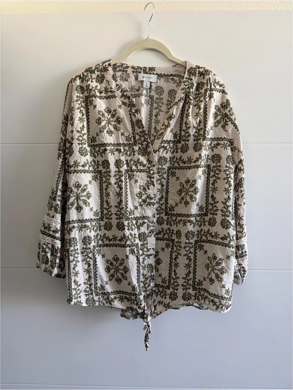 AB Studio Cream Tunic with Olive Tile Floral Print